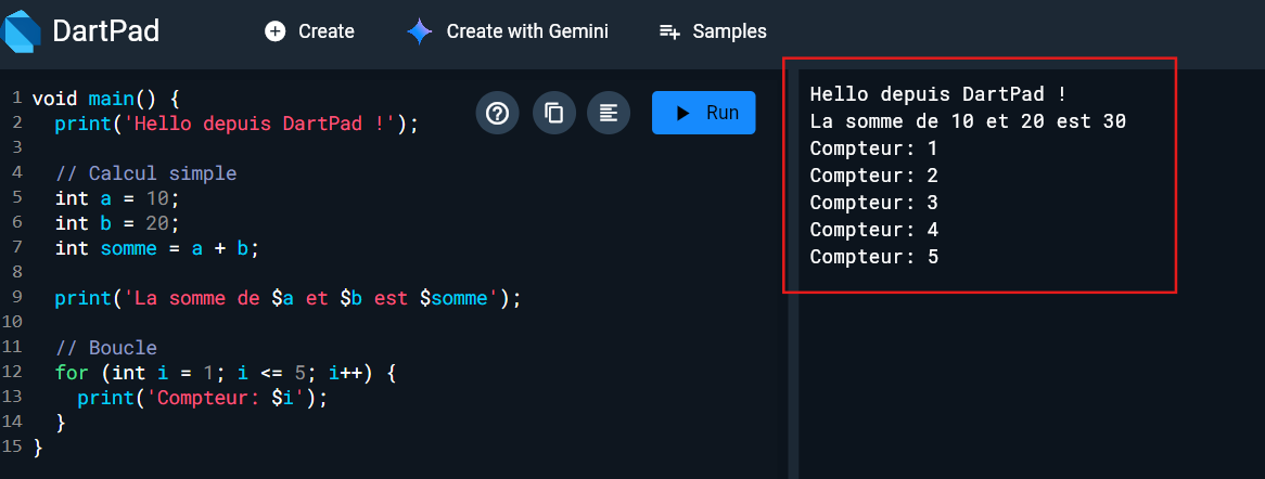 Exemple avec DartPad - capture d'écran
