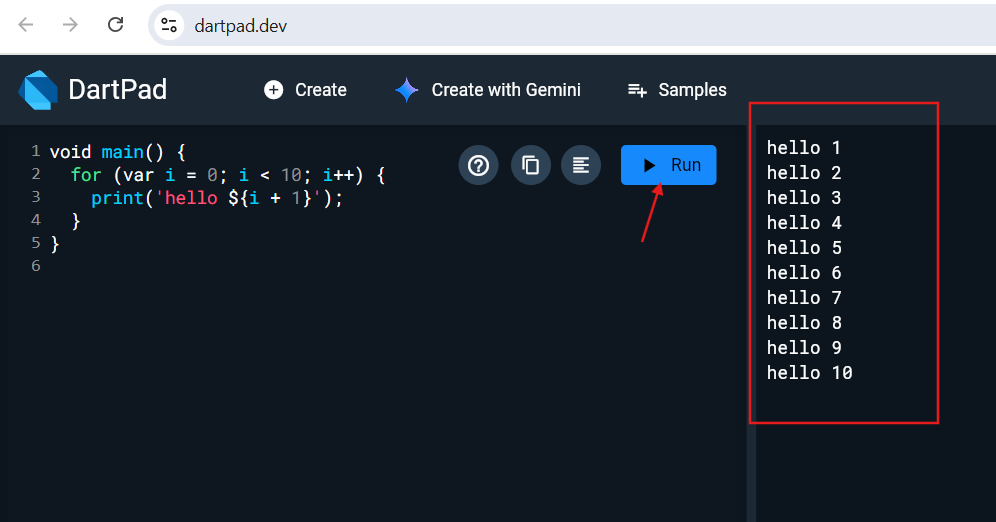 Interface de DartPad
