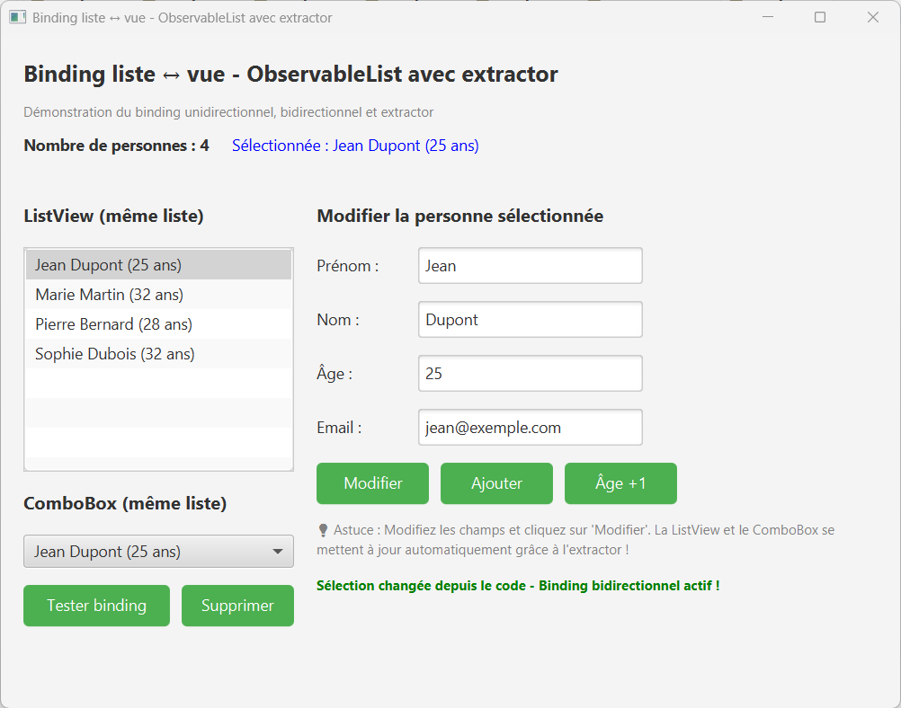 Exemple binding liste ↔ vue JavaFX avec extractor
