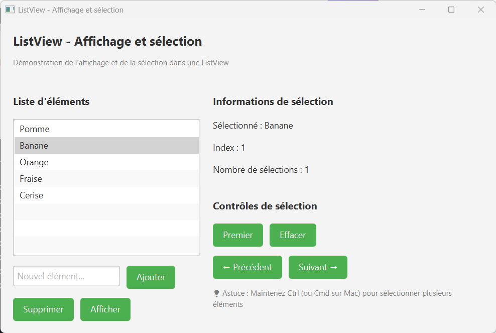 Exemple ListView - Affichage et sélection