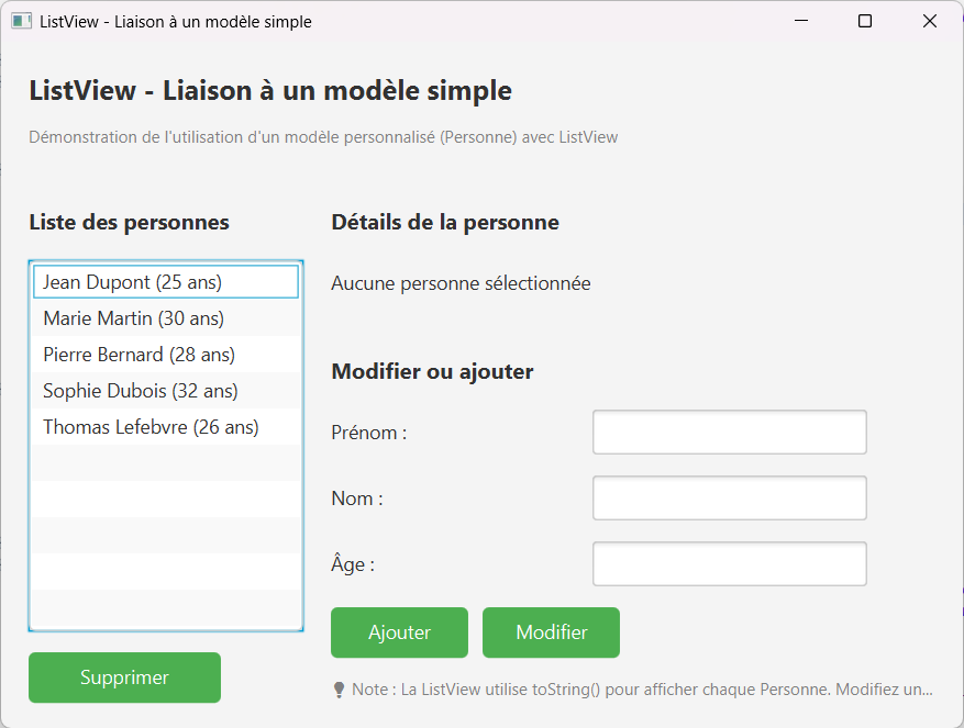 Exemple ListView - Liaison à un modèle simple