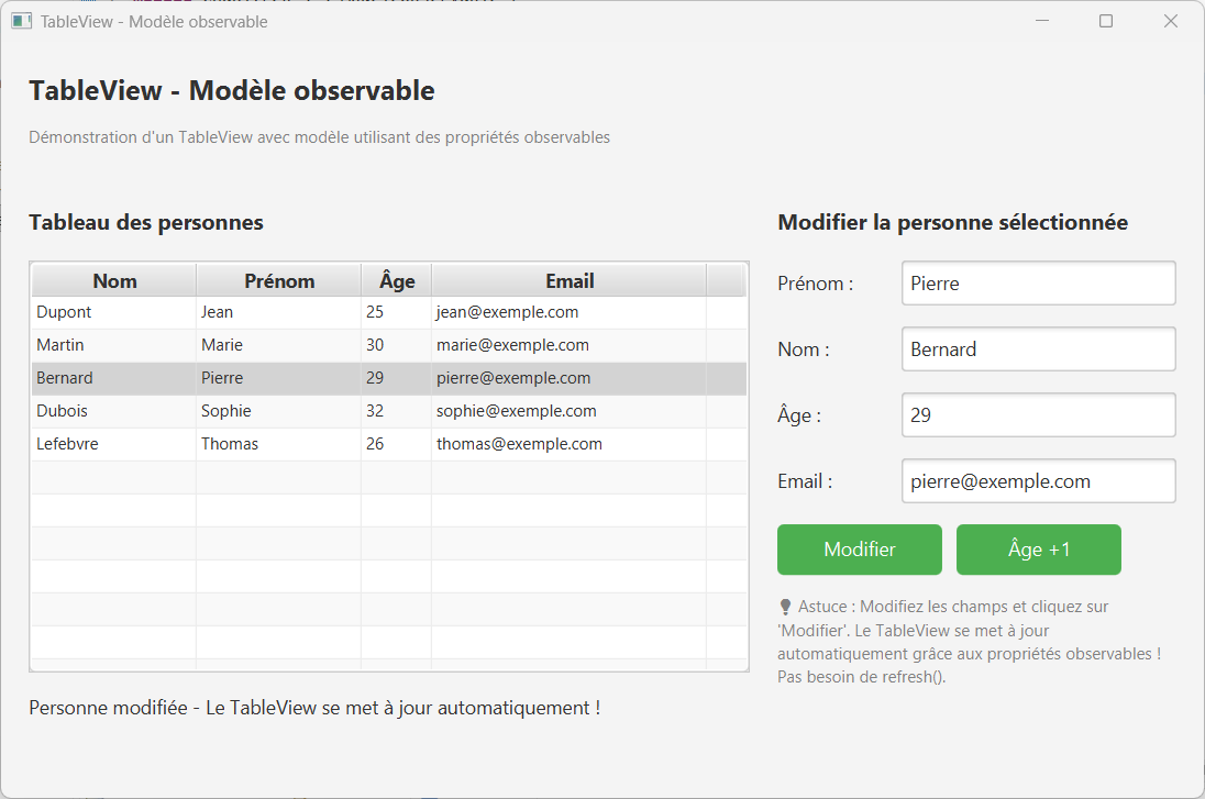 Exemple TableView - Modèle observable