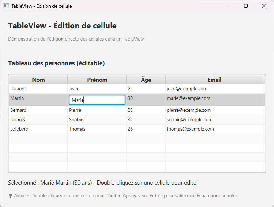 Exemple TableView - Édition de cellule