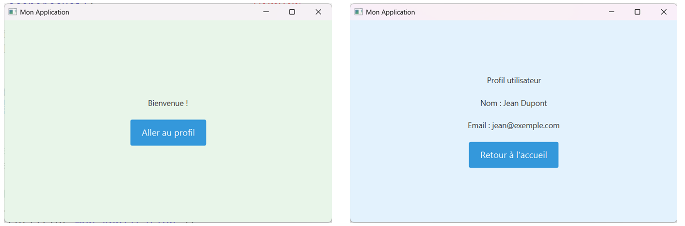 Schéma navigation entre écrans JavaFX
