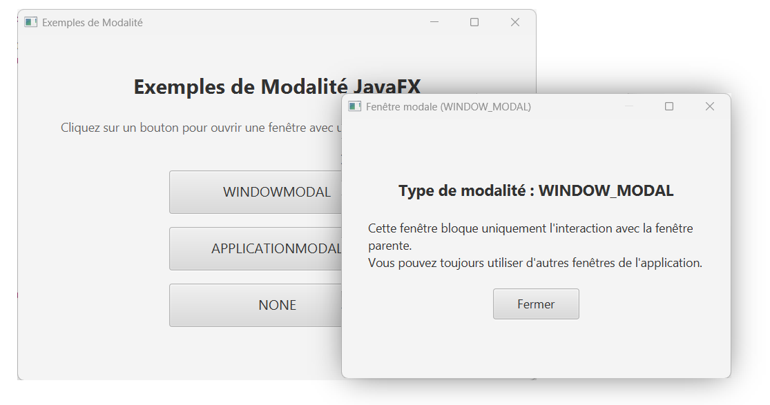 Schéma des modalités JavaFX