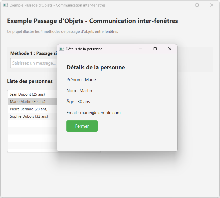 Illustration du passage d'objets entre fenêtres
